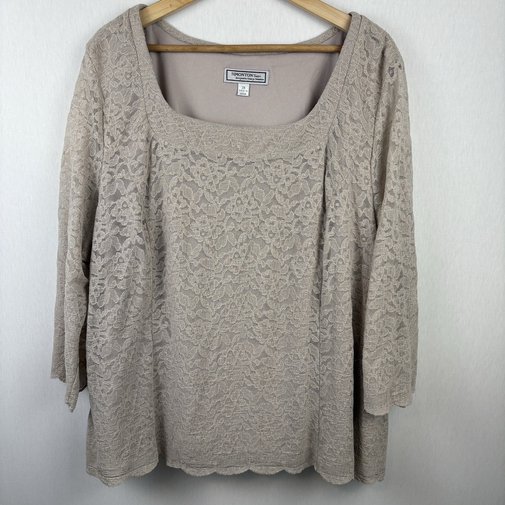 Simonton Says‎ Top Womens 3X Lace Pull Over Neutral Stretch Timeless Romantic